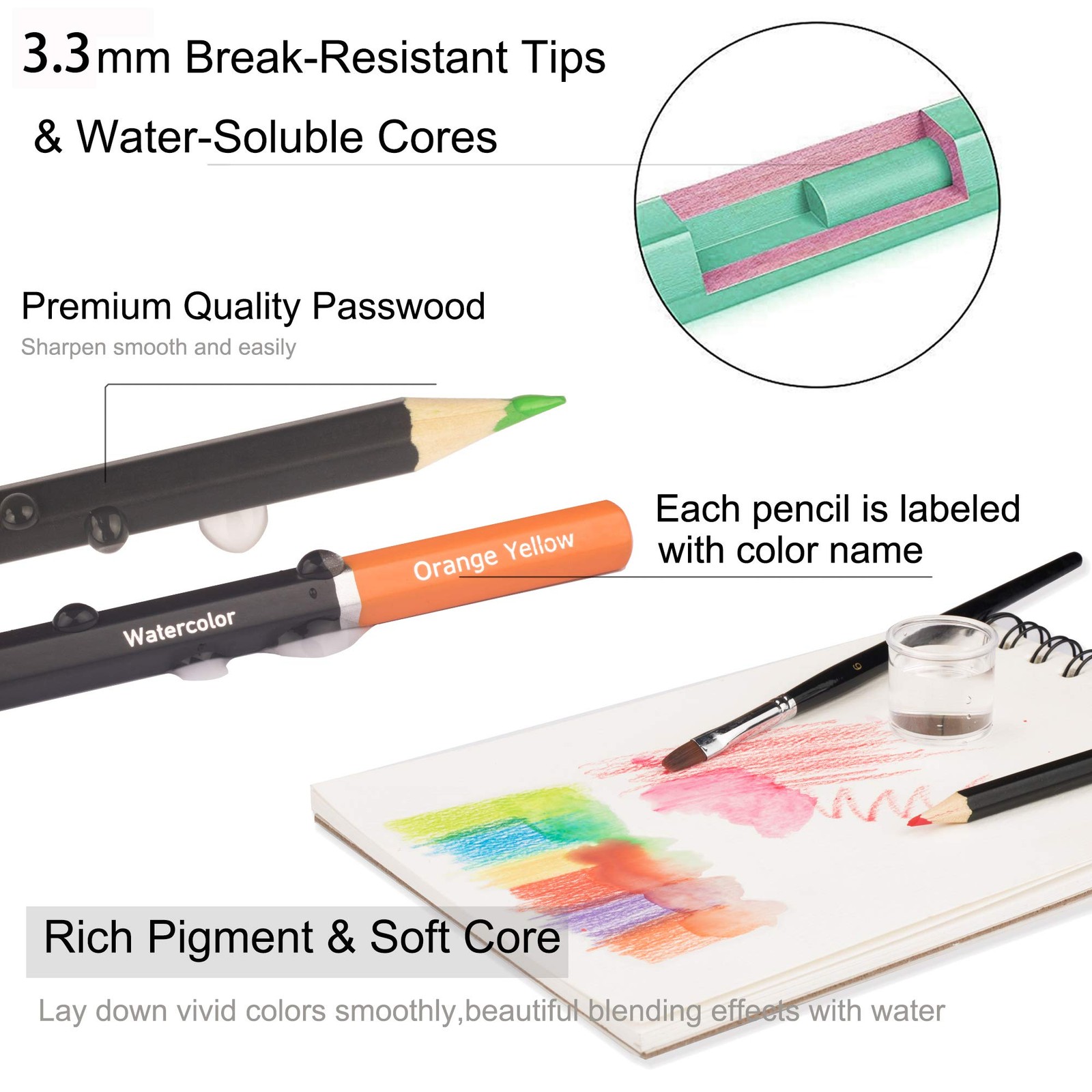 KALOUR Professional Watercolor Pencils with 2 Brush – 72 1 Count (Pack of 72)