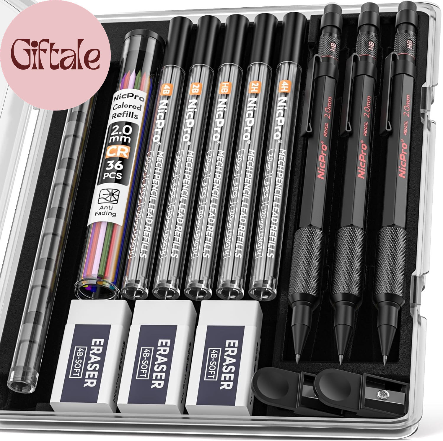 3 Pack 2Mm Mechanical Pencils Set with Case, 33 Graphite Lead Refills (4B 2B HB