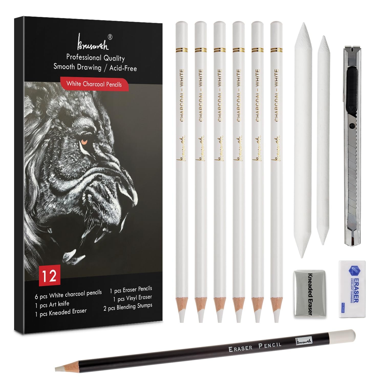 Brusarth White Charcoal Pencils Set – 12 Piece Sketch Highlight
