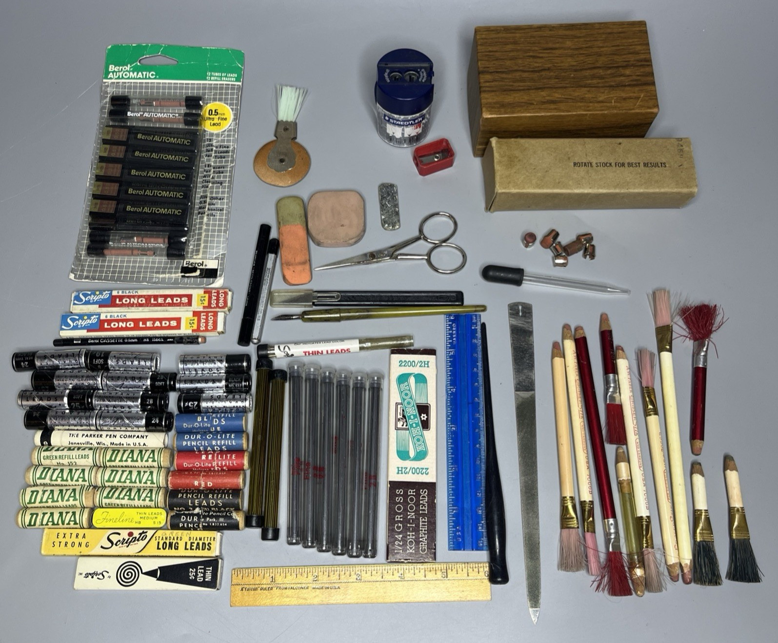 Lot of Vintage Drawing Art Leads Brushes Berol Faber Falcon Ruler Scripto Diana