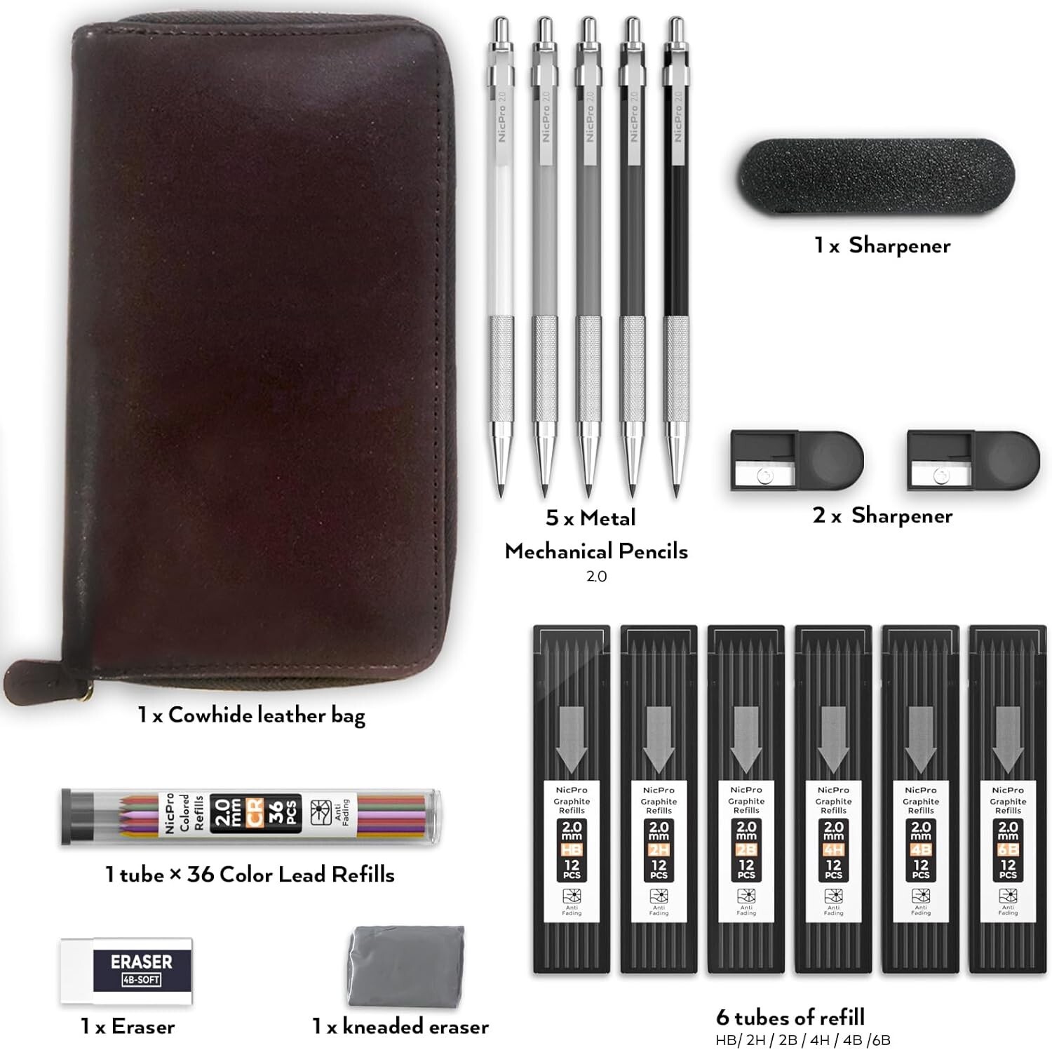 17PCS Metal Mechanical Pencil Set with Leather Case for Artists & Students
