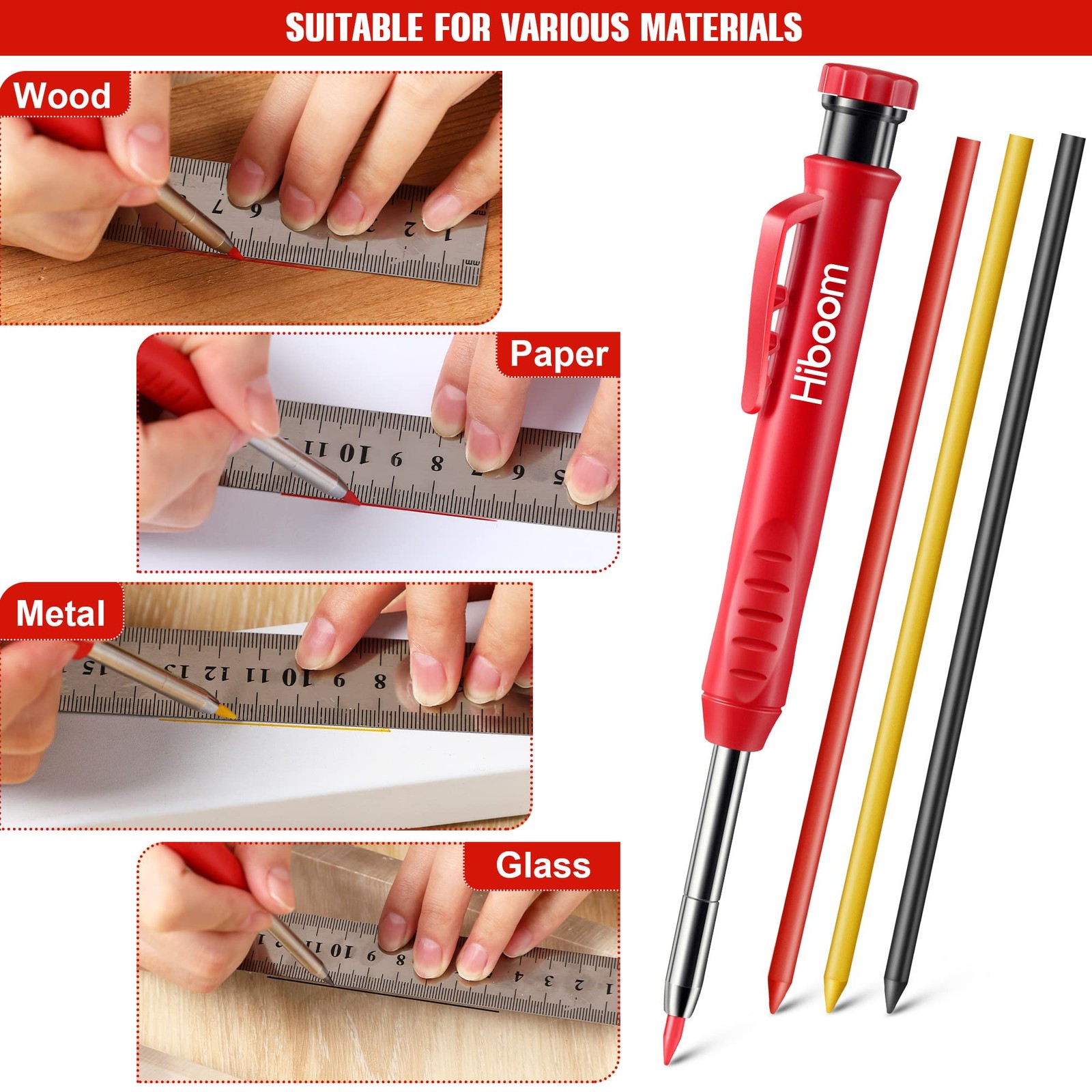 Hiboom 3 Pack Carpenter Pencils Set with 24 Refills, 2.8 mm Gray,Yellow