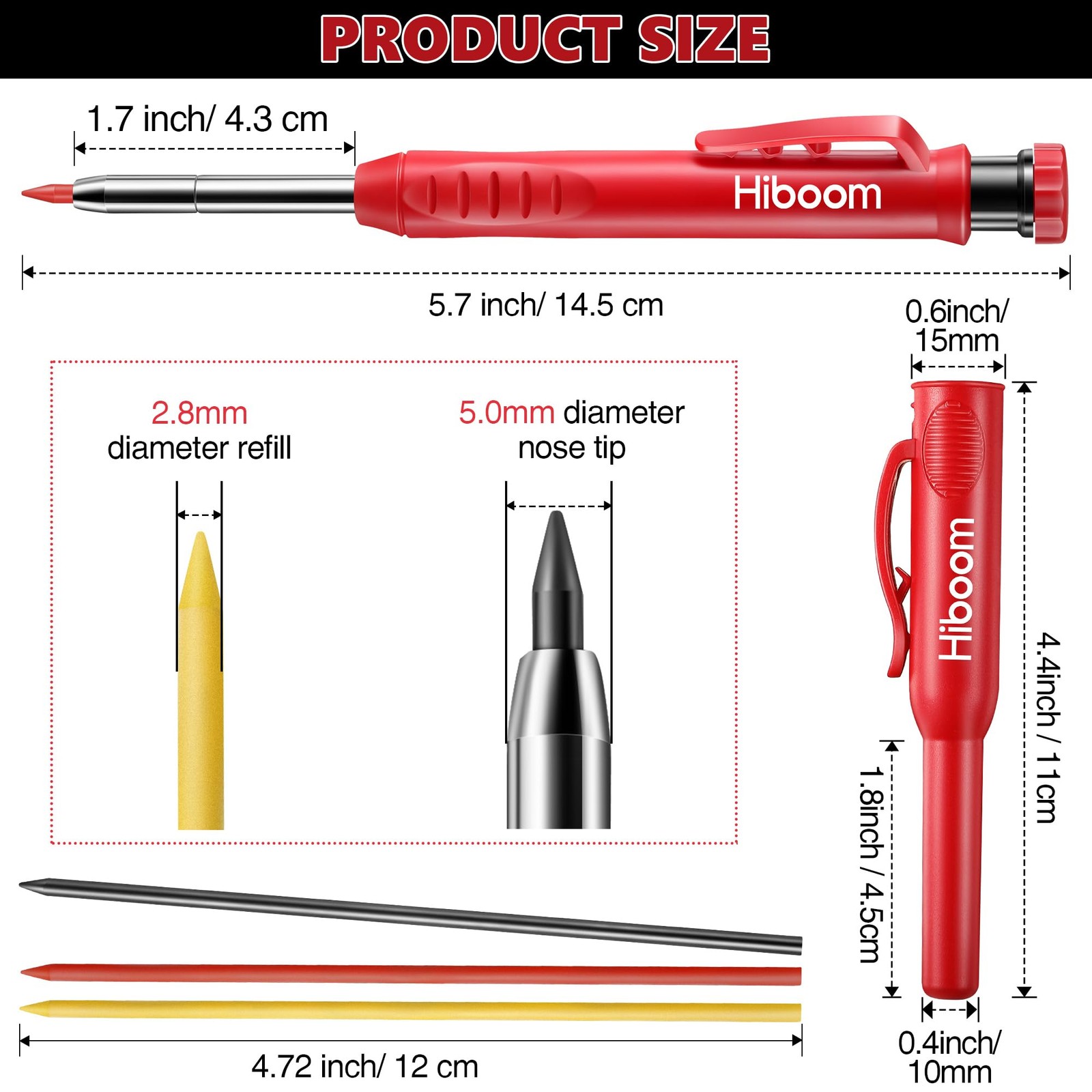 Hiboom 2 Pcs Carpenter Mechanical Pencils Marker with 18 Refills Red