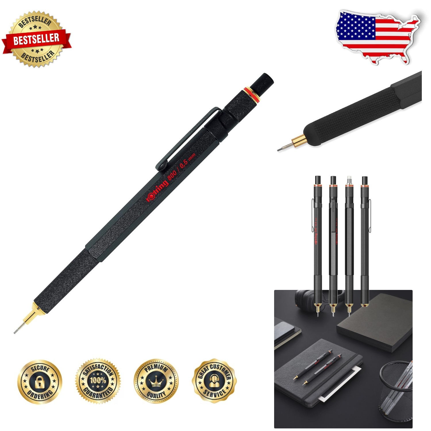 Rotring 800 0.5mm Mechanical Pencil Black Full Metal Body Drafting