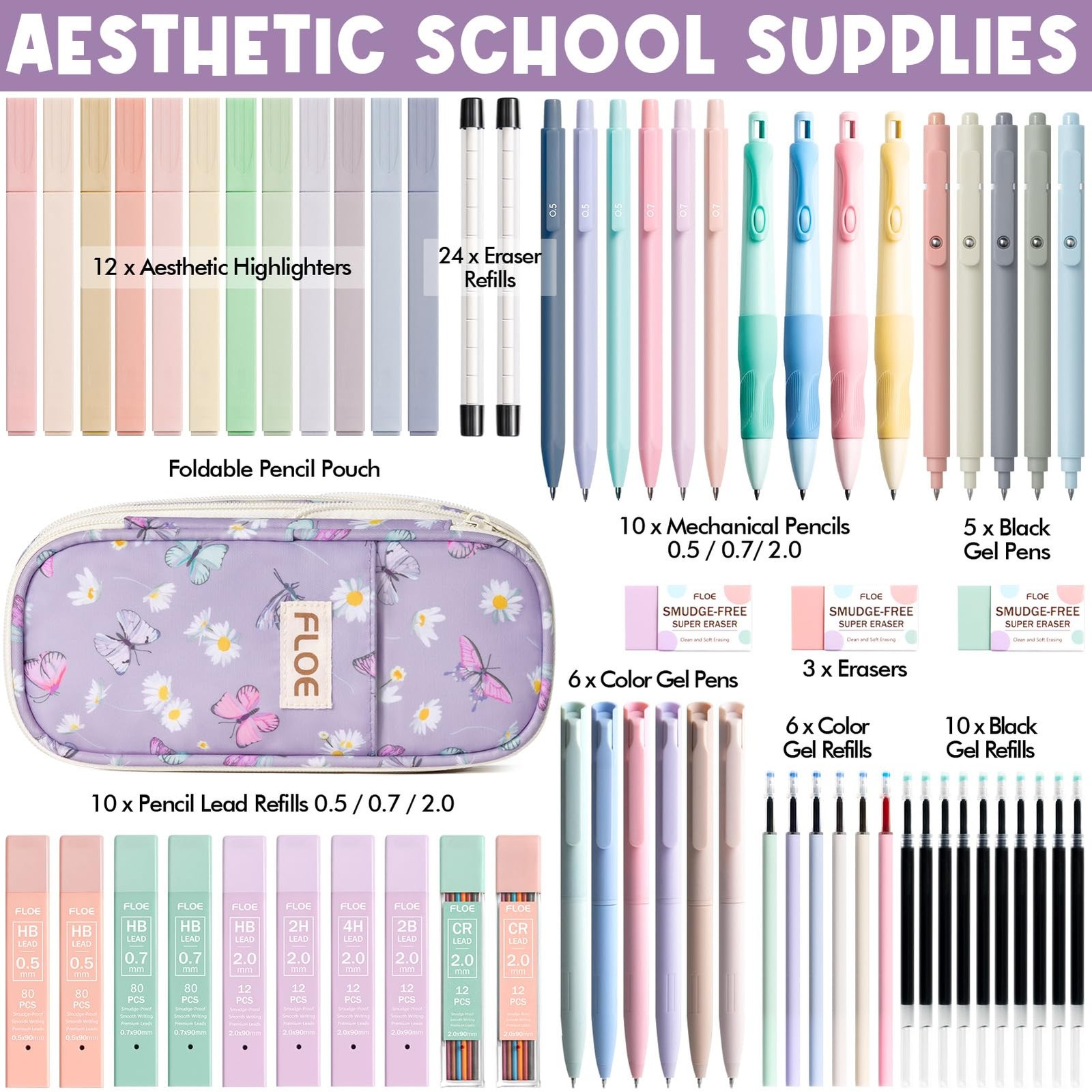 65 PCS Aesthetic School Supplies Kit Highlighters Pens 0.5/0.7/2.0mm Pencils