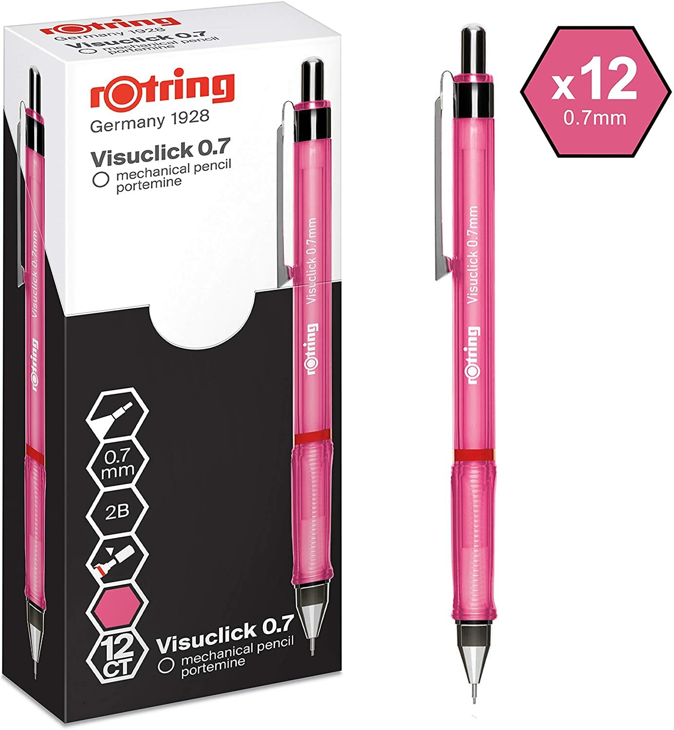 Rotring Visuclick 0.7mm Mechanical Pencil Transparent Pink 2089094 12 Pencils