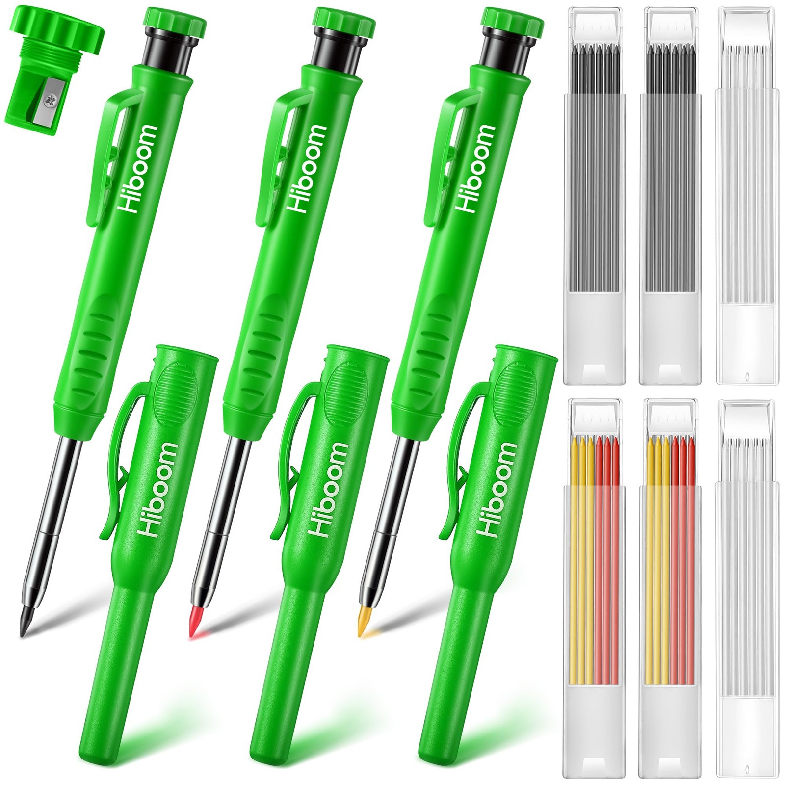 Hiboom 3 Pack Carpenter Pencils Set with 24 Refills, 2.8 mm Mechanical Carpenter