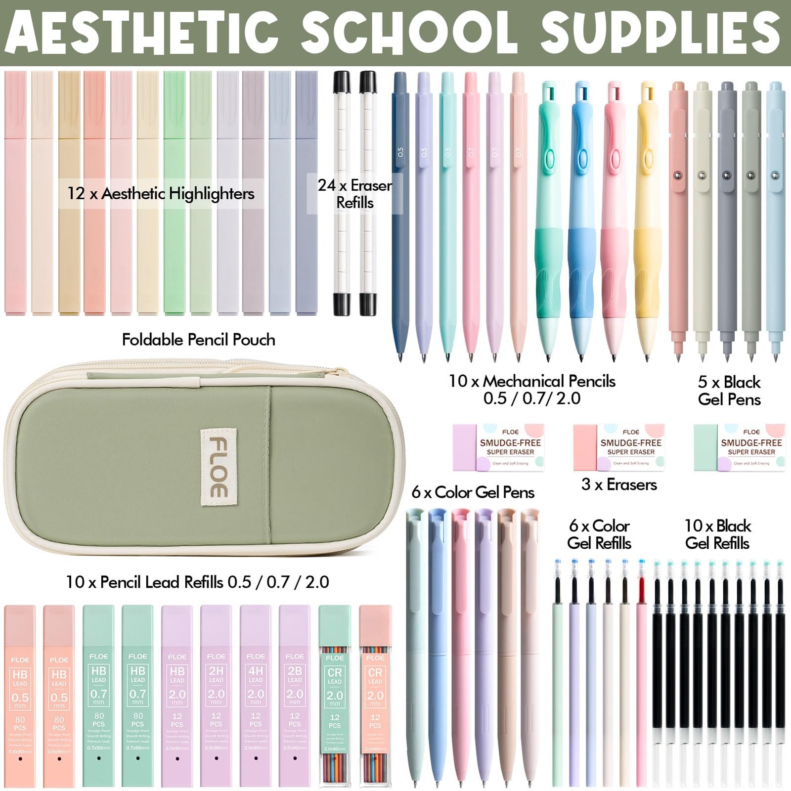 Aesthetic School Supplies Highlighters Pens Pencils Fits 0.5/0.7/2.0mm 65 PCS