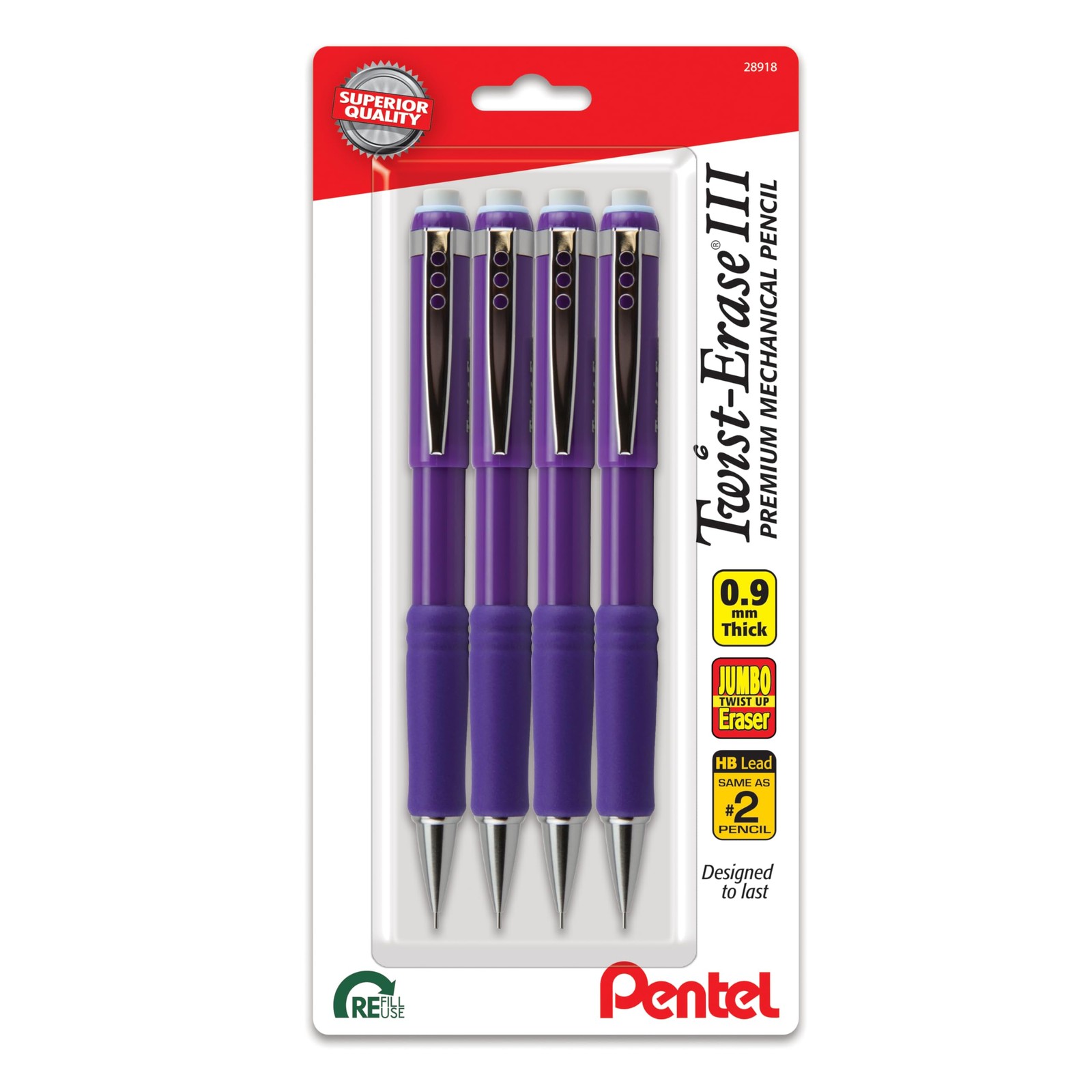 Pentel Twist-Erase III Mechanical Pencil, (0.9mm), Bold 4 Count (Pack of 1)