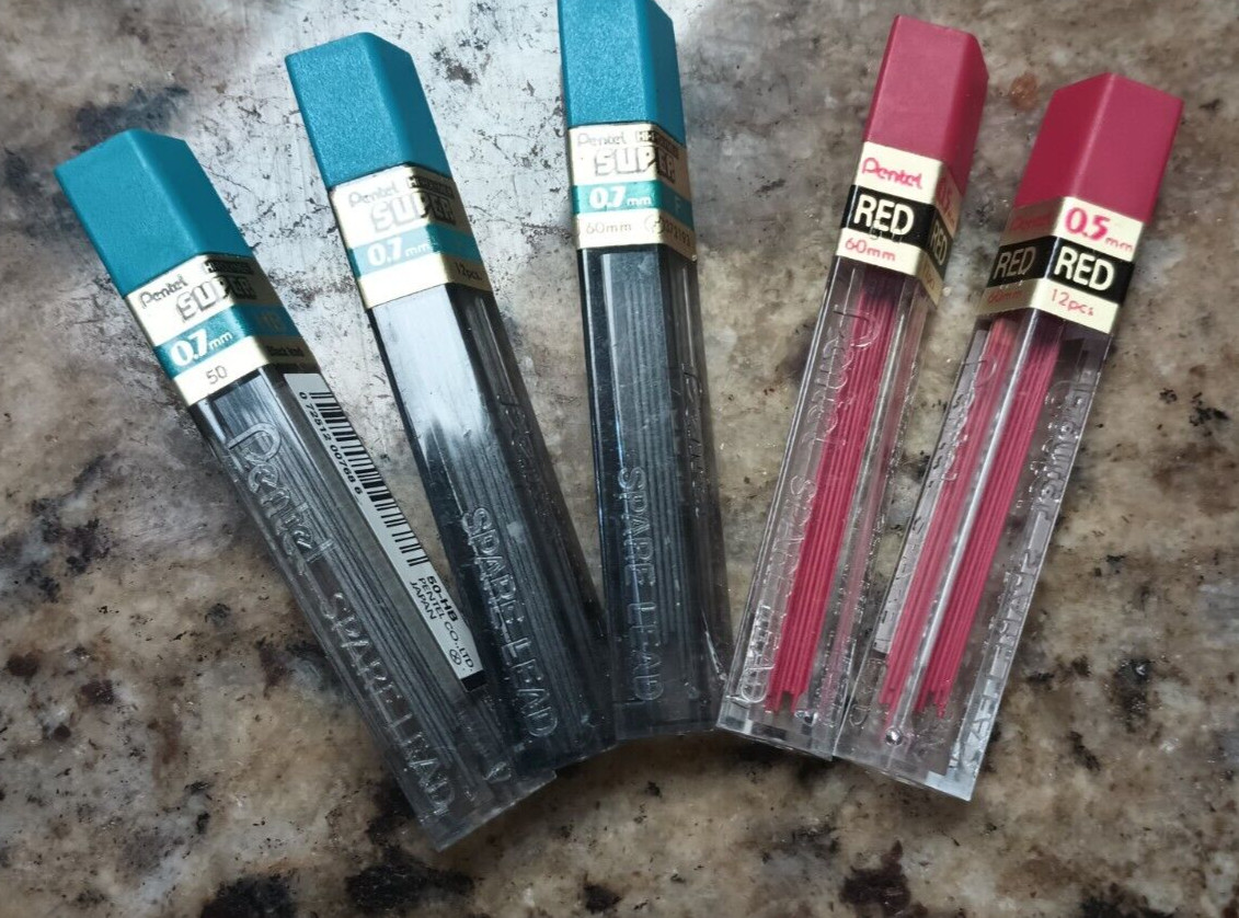 Lot 5 Vintage Spare Lead Pentel Regular0.7mm & Red 0.5mm Refill Mechanical Penci