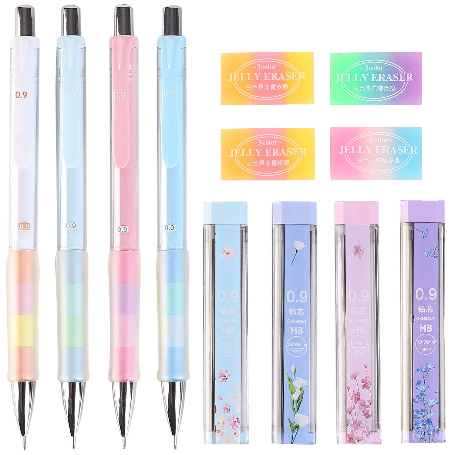 0.9mm Mechanical Pencil Set With 4 Pencils 4 HB Lead Refills 4 Erasers