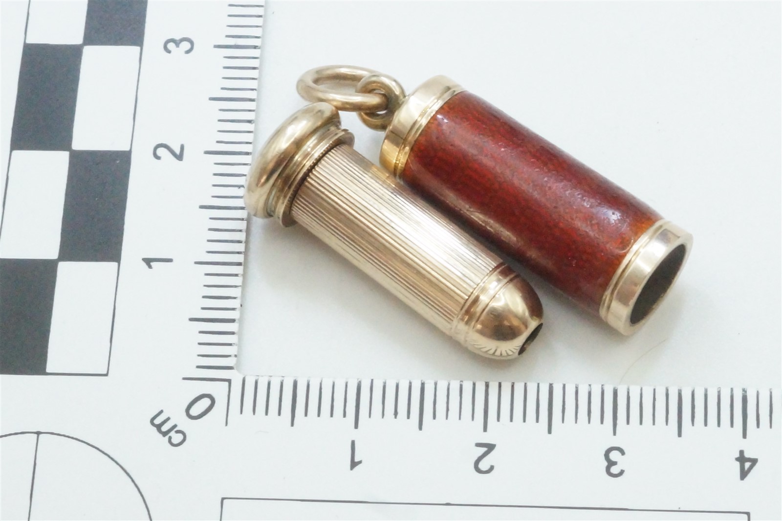 ANTIQUE ENGLISH 9k GOLD ENAMEL ‘MAGIC’ BULLET PENCIL FOB CHARM c1900