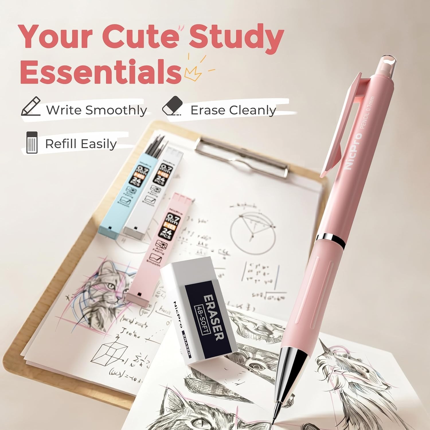 Complete Cute Pastel 6PCS Mechanical Pencil Set with Storage Case for Students