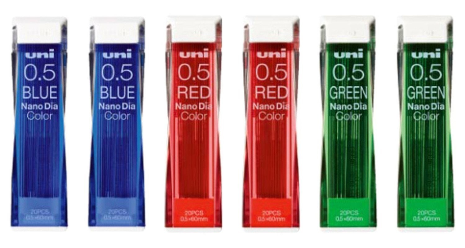 Uni NanoDia 0.5mm Mechanical Pencil Leads 3 Color Set Pack of 6 120 Leads