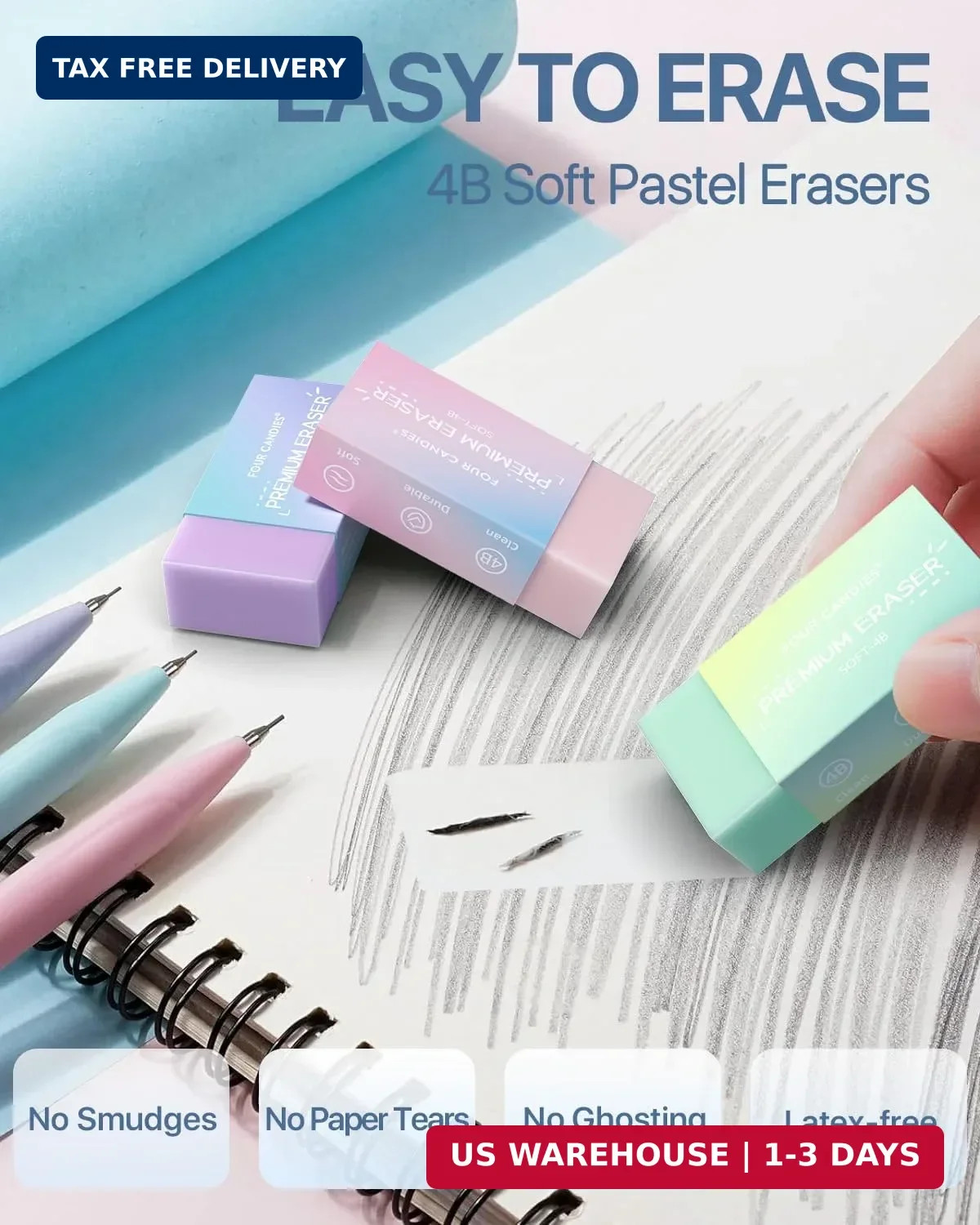 Four Candies 6PCS Cute Mechanical Pencil Set with 372 Leads & Erasers, 0.7mm Med