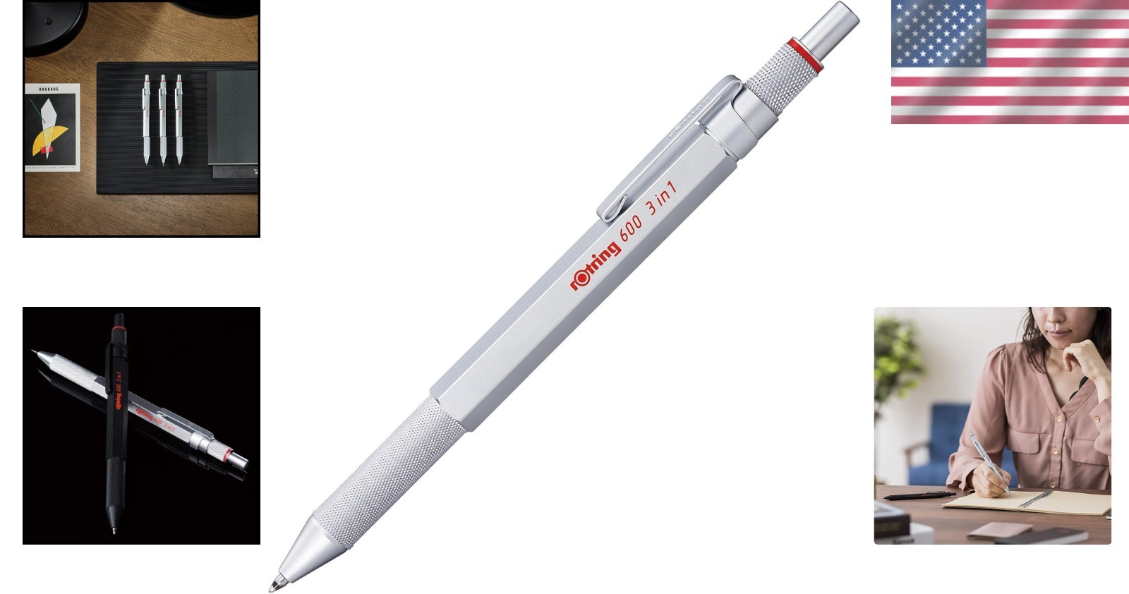 Drafting 3-in-1 Pen Mechanical Pencil Silver Ergonomic Grip 0.5mm