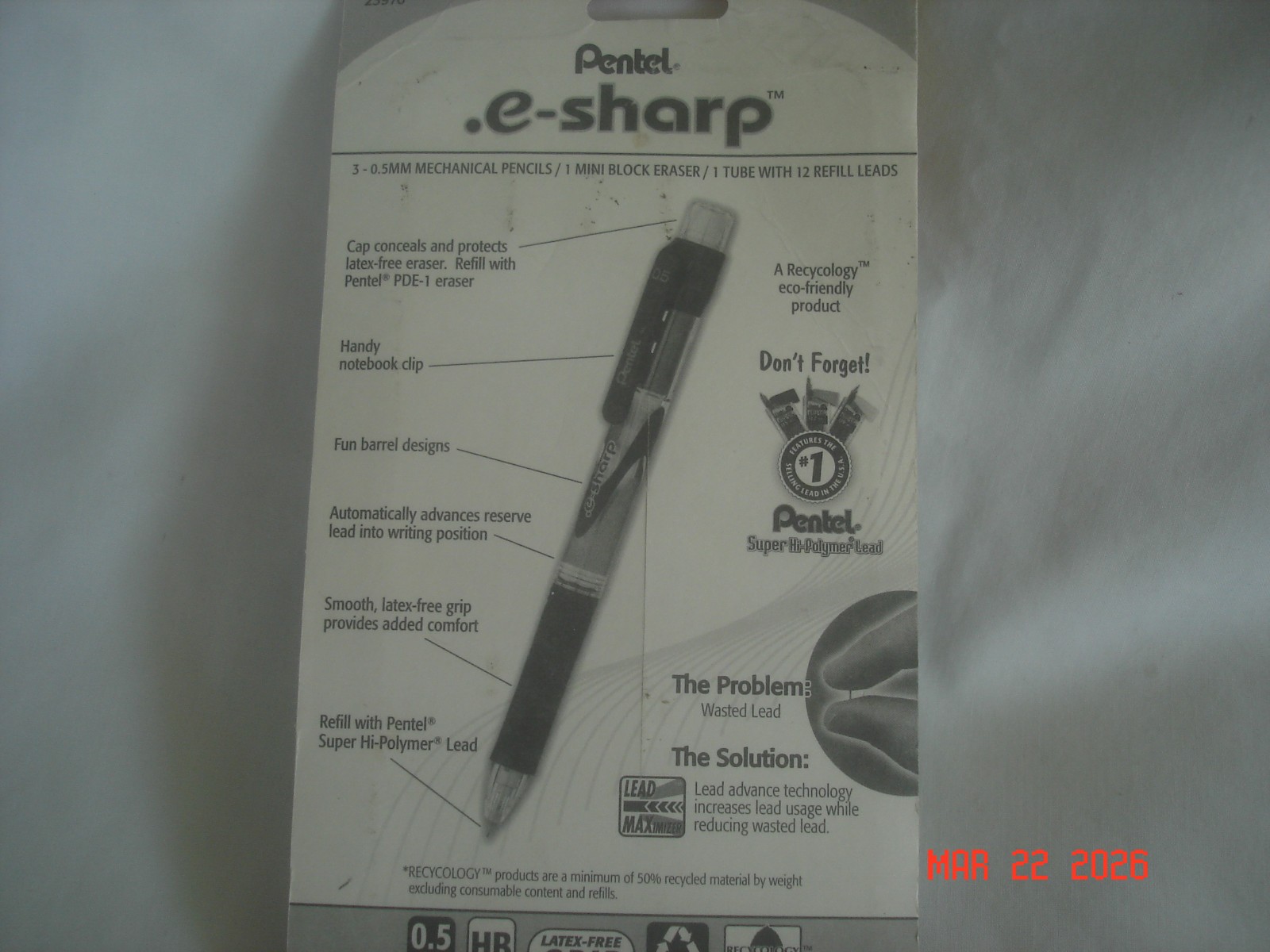 NEW in PKG. 3 PENTEL e-SHARP 0.5mm MECHANICAL PENCILS & TUBE 12 LEADS No ERASER