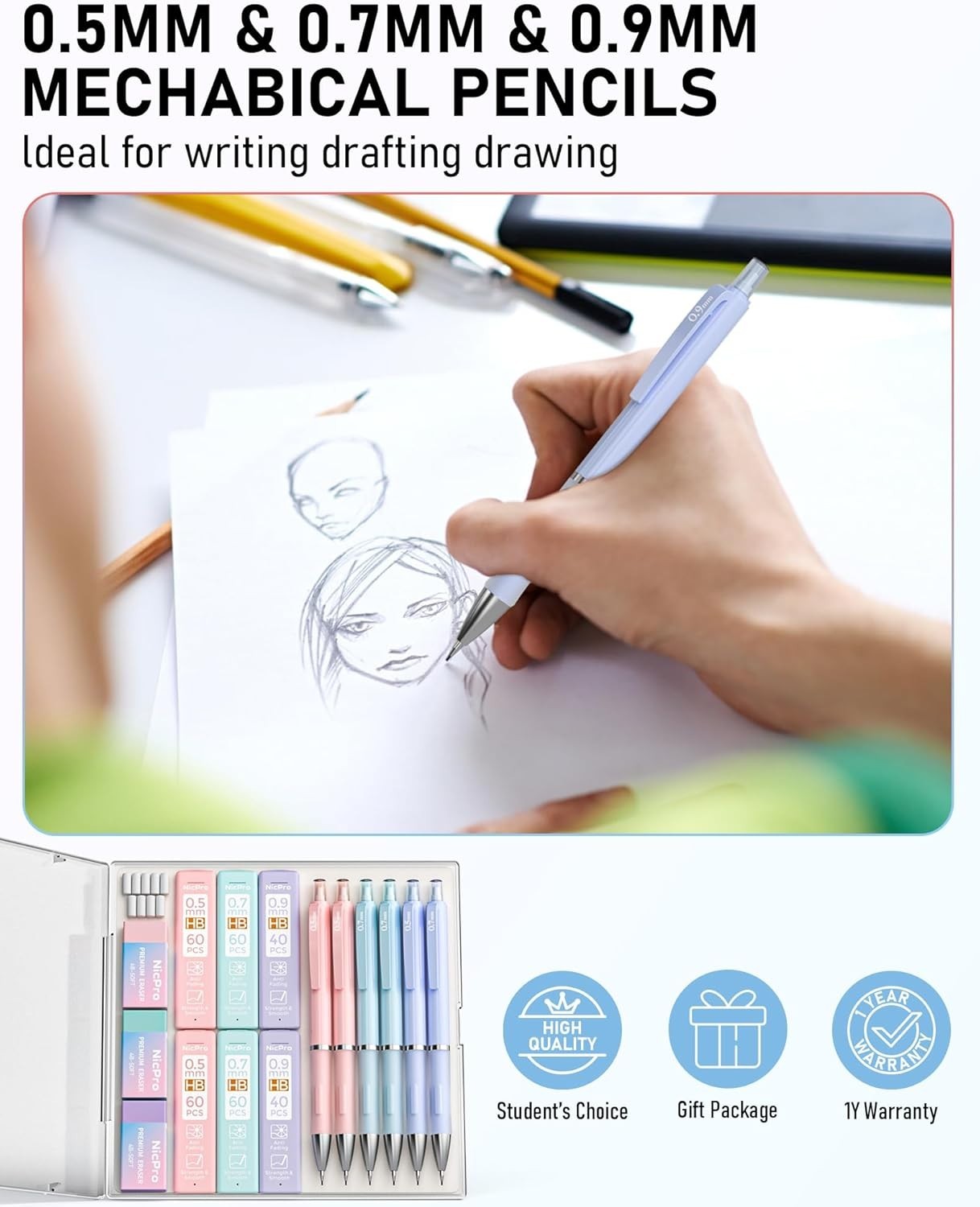 Cute Mechanical Pencils with Erasers and Lead Refills for Drawing and Drafting