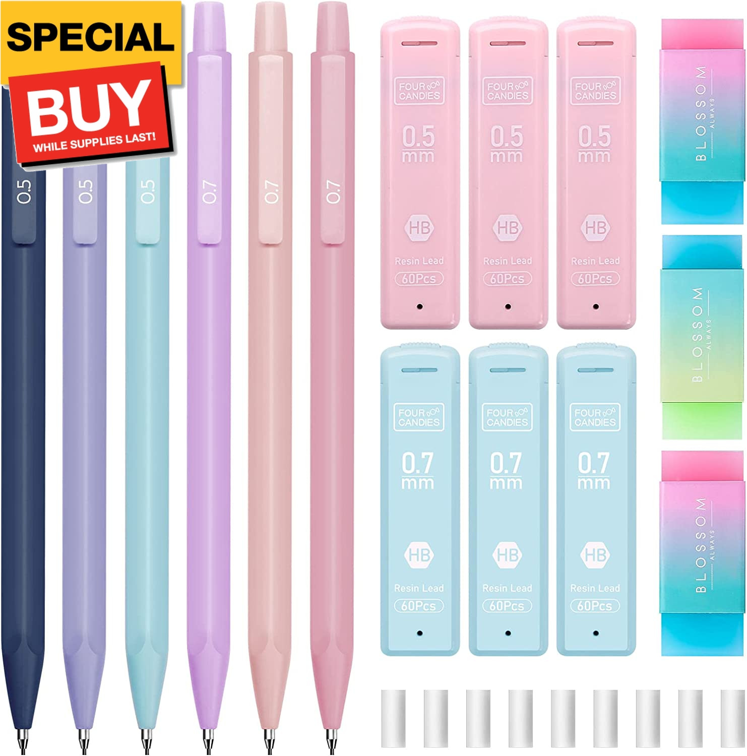 Cute Mechanical Pencil Set, 6PCS Pastel Mechanical Pencils 0.5 & 0.7mm with 360P
