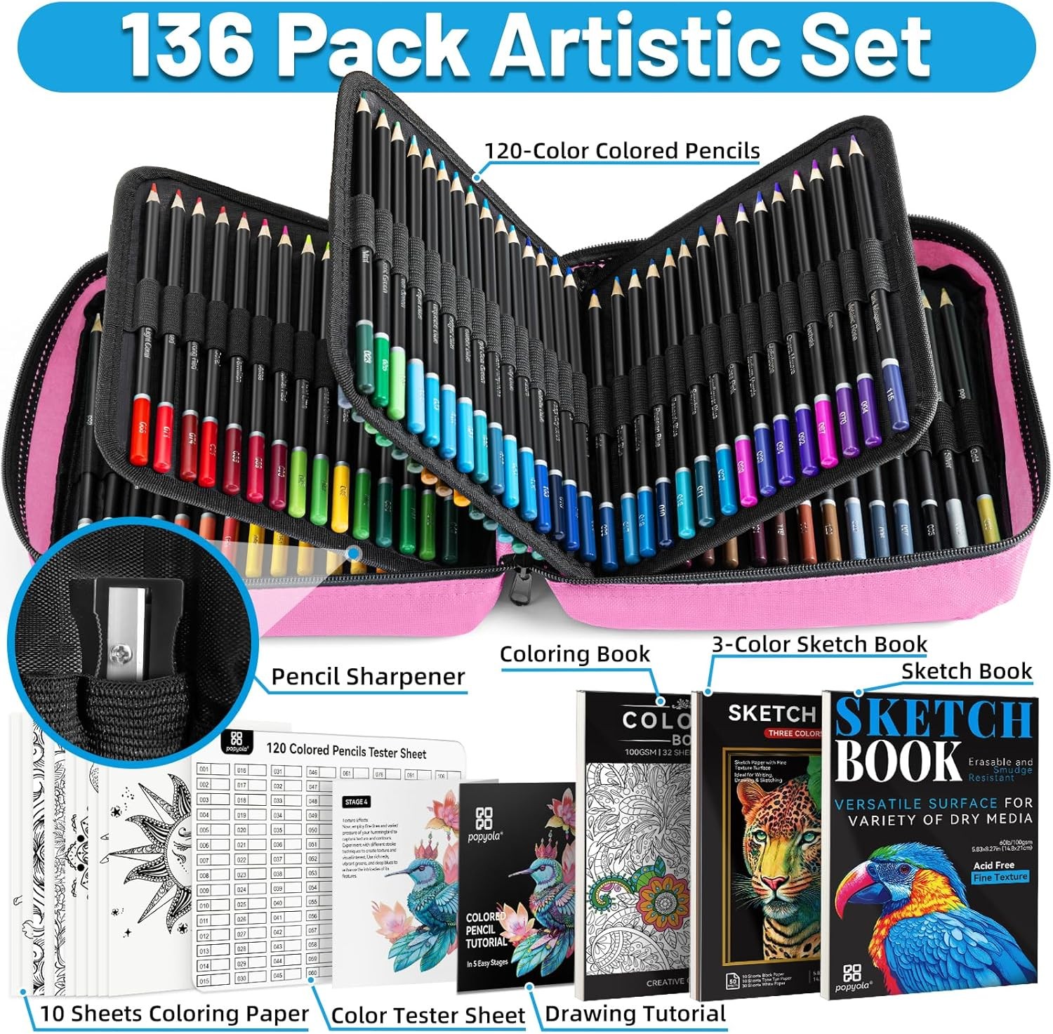 Art Supplies 136 Pack Colored Pencils Set for Adult Coloring Books, 120 Pink