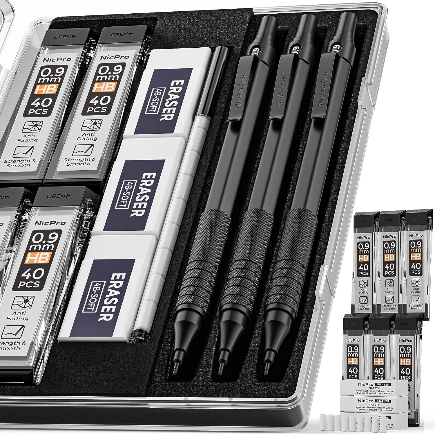 Nicpro Metal 0.9 mm Mechanical Pencils Set with Case 3PCS Black 0.9mm Drafting