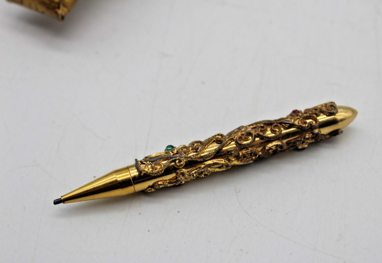 Vintage Gold Tone Filigree Mini Mechanical Pencil with Rhinestones 1950’s case