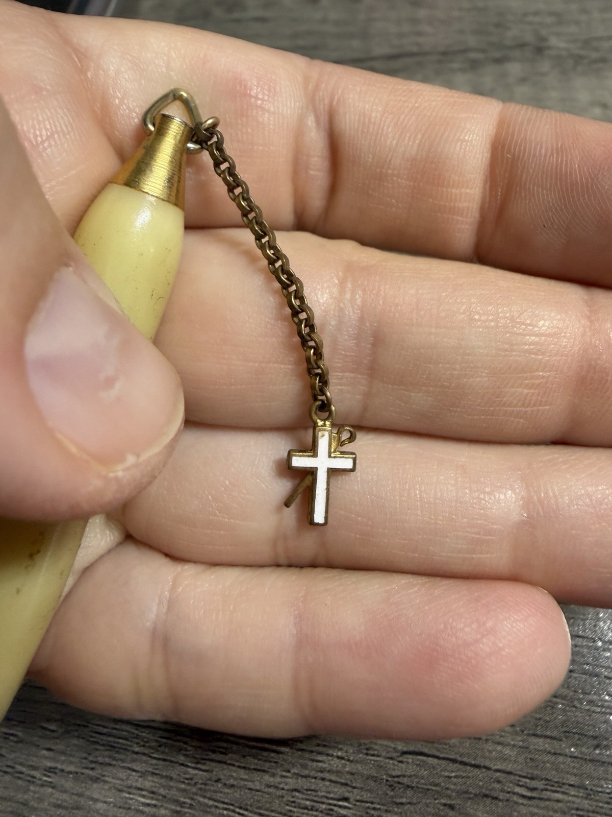 Vintage Celluloid Retractable Mechanical Pencil Christian Cross Charm Gold