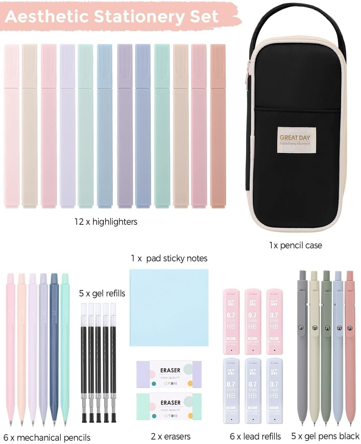 Cute School Supplies 38 PCS, Pencil Case with 12 Pastel Highlighters, 5 Black Ge