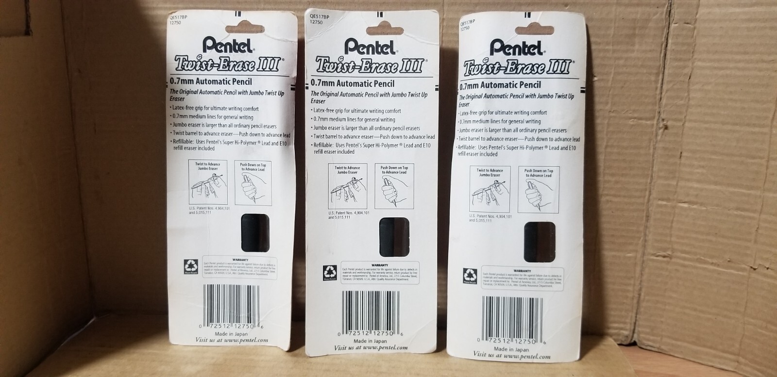 3PK Pentel Twist Erase III Automatic Pencil 0.7mm Black Barrels, NOS