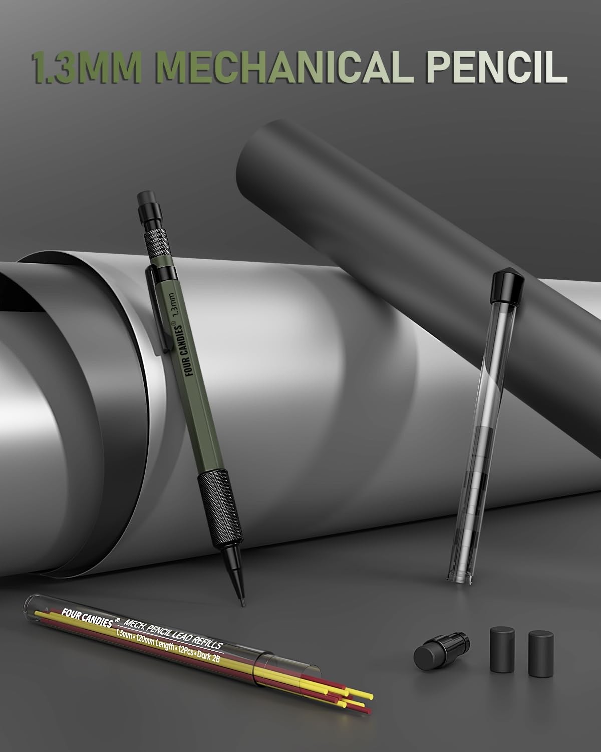 Four Candies 1.3mm Mechanical Pencil Set with 24 Lead Refills, 1-Pack, Green