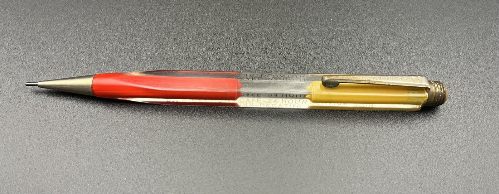 Vintage HA-WI-AN lucite mechanical pencil. Shell Oil Belmont Cafe Decatur IL