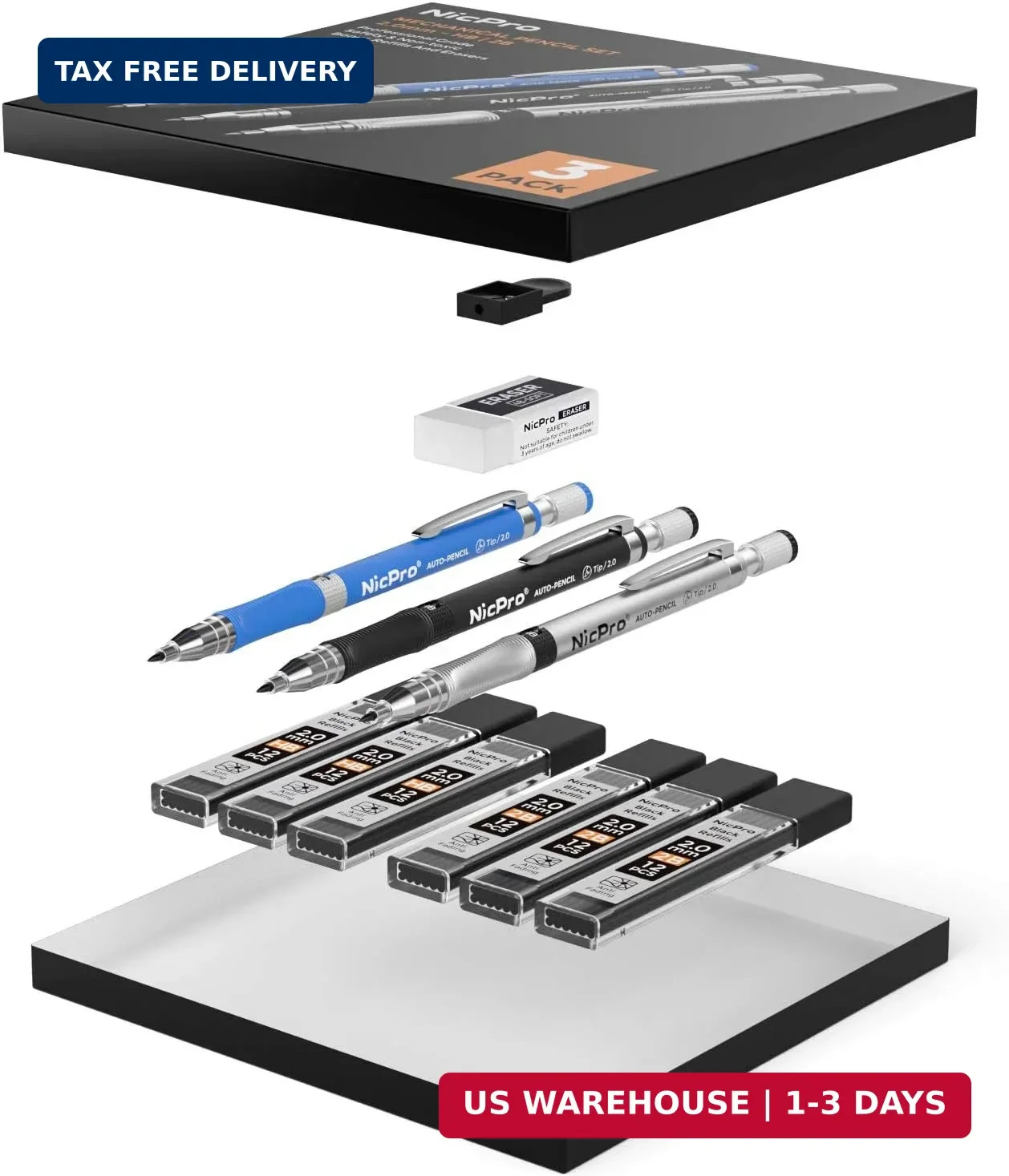 Nicpro 11 Pieces 2mm Mechanical Pencil Set, 3 PCS Carpenter Drafting Pencil 2.0