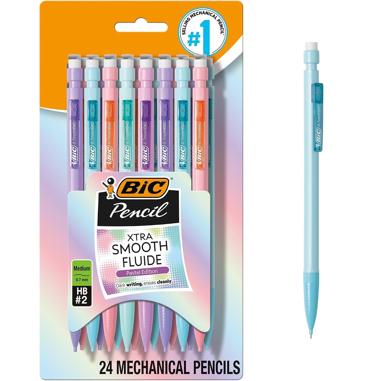 BIC Xtra-Smooth Pastel Mechanical Pencils, 0.7mm Medium Point, 24-Count, Bulk