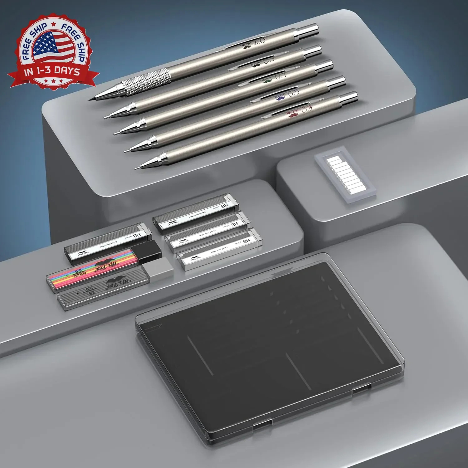 Mr. Pen- Metal Mechanical Pencil Set with Lead and Eraser Refills, 5 Sizes, 0.3,