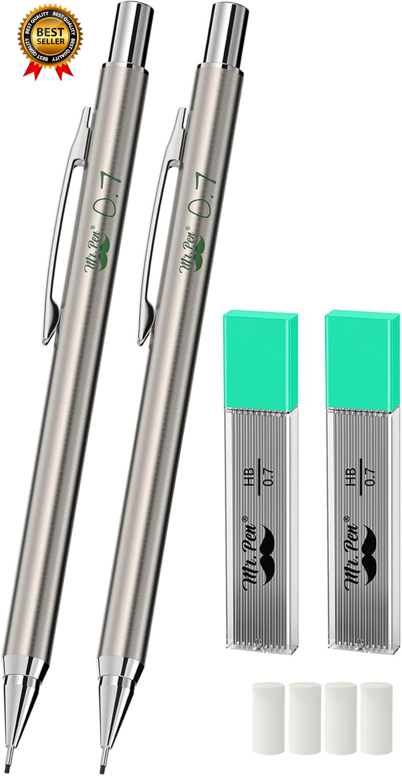 Metal Mechanical Pencil Set with Lead Refills & Erasers 2 Pack 0.7Mm 4X…