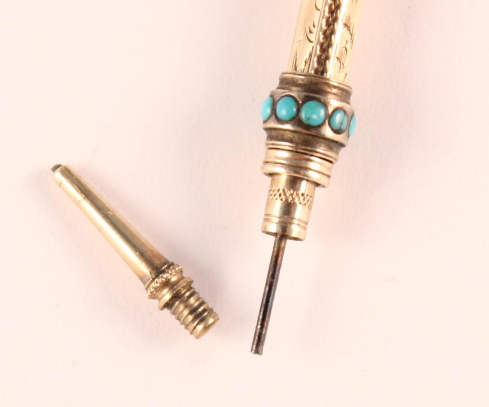 Victorian 9K Gold Ornate Retractable Pencil with Amethyst and Turquoise Stone