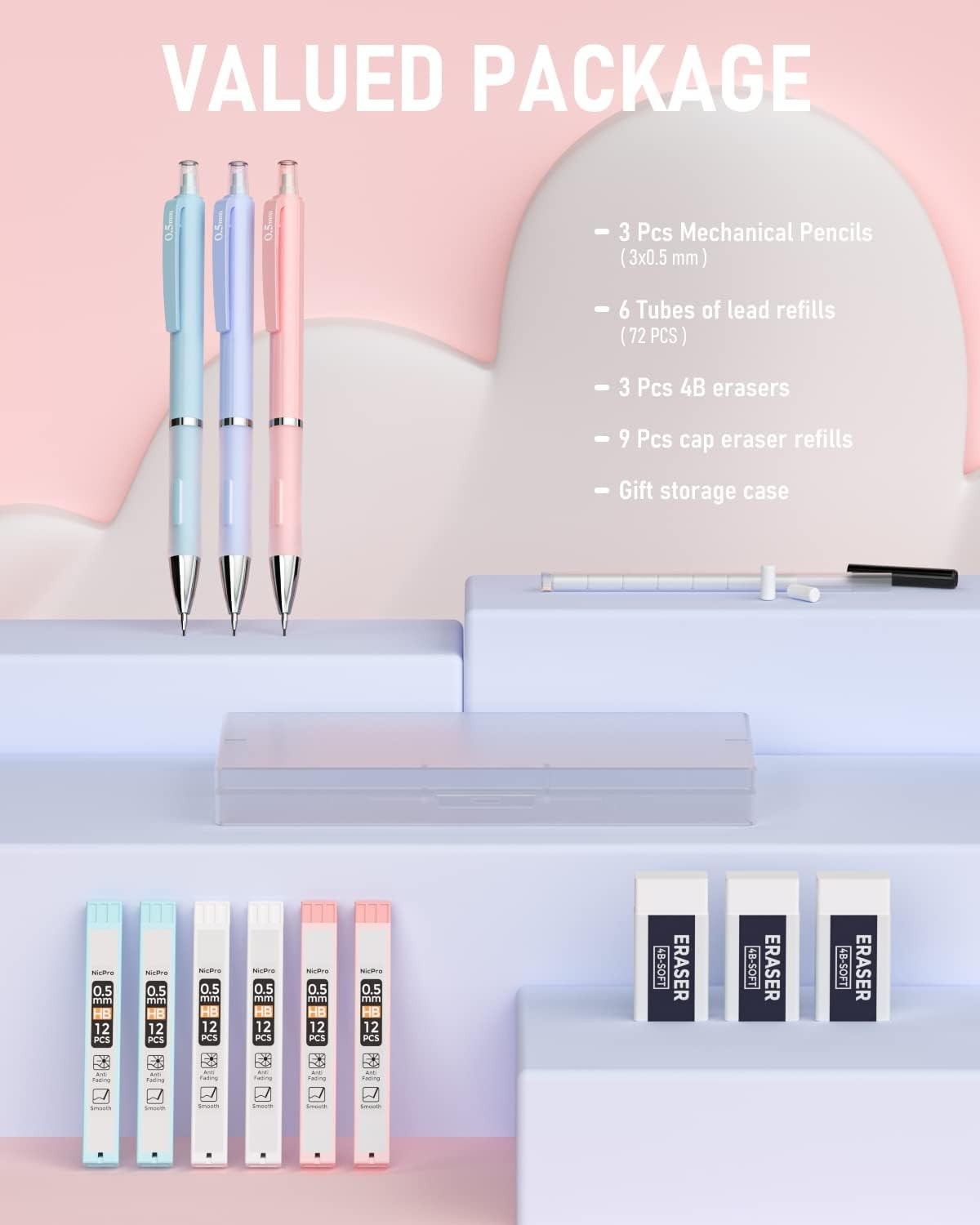 Cute Pastel 0.5mm Mechanical Pencils with Erasers – Perfect for Sketching!