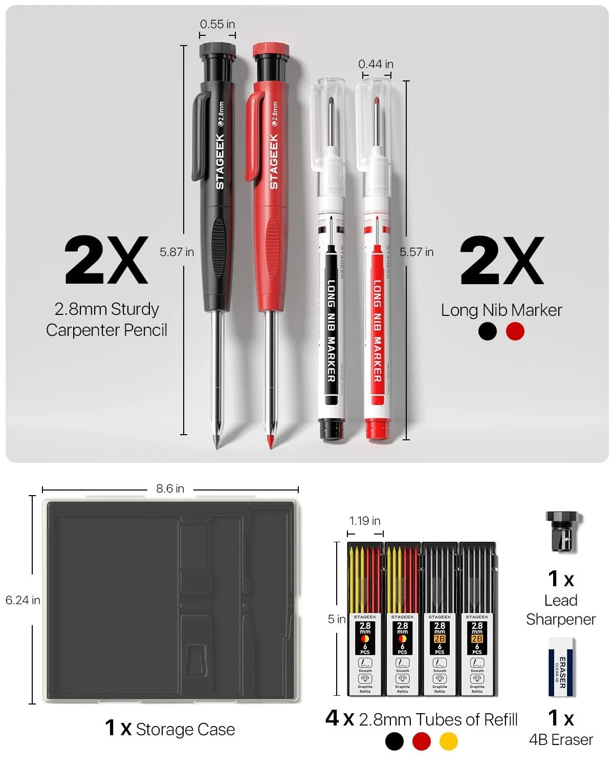Carpenter Pencils with Sharpener, 2.8mm Mechanical Pencil Set with 26 Refills