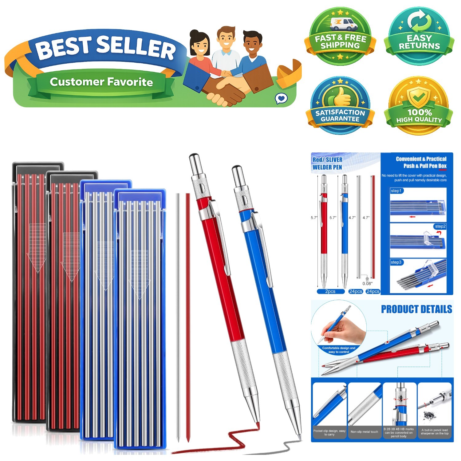 2 Pcs Welders Pencil with 48 PCS Round Refills Mechanical Pencils Metal Weldi…