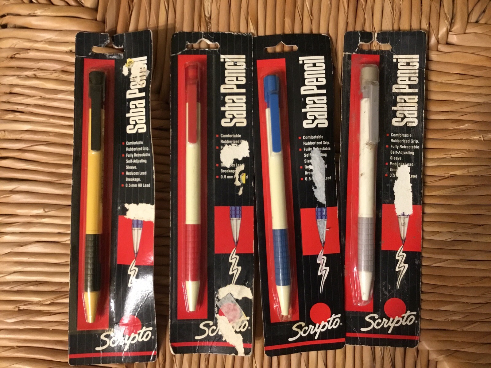 4 Vintage (1990) Scripto Saba Mechanical Pencils (sealed) Red Blue Gray Black