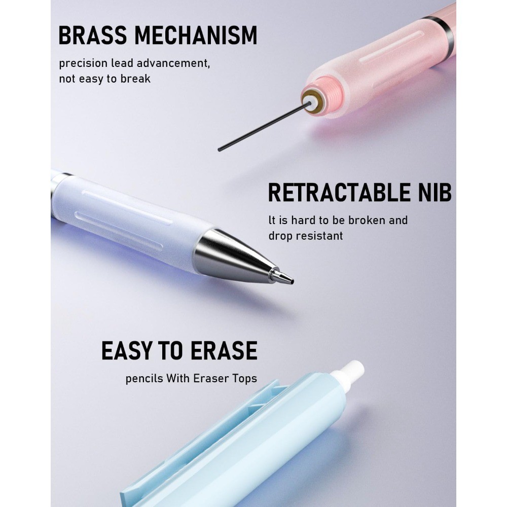 Pastel Mechanical Pencil Set 0.9mm, 3 Pencils with HB Lead Refills, 3 Erasers