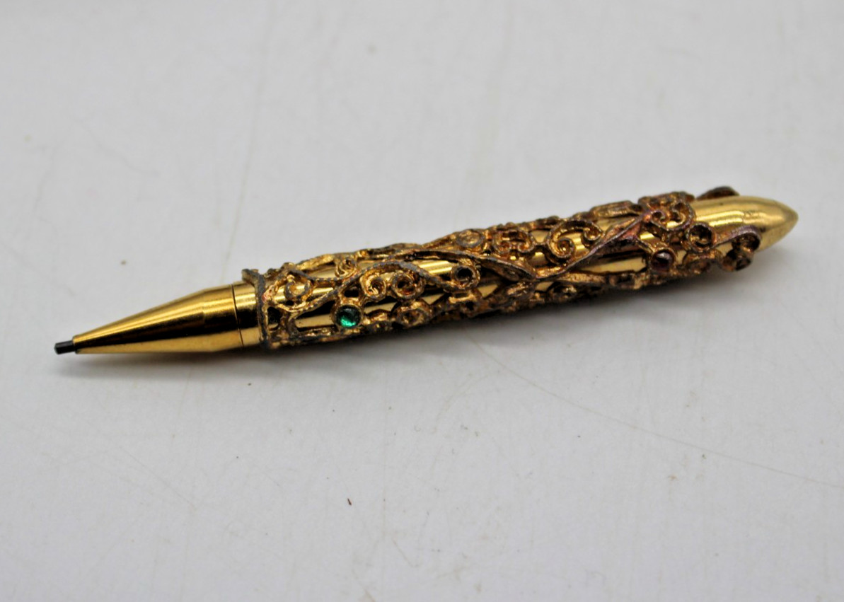 Vintage Gold Tone Filigree Mini Mechanical Pencil with Rhinestones 1950’s case
