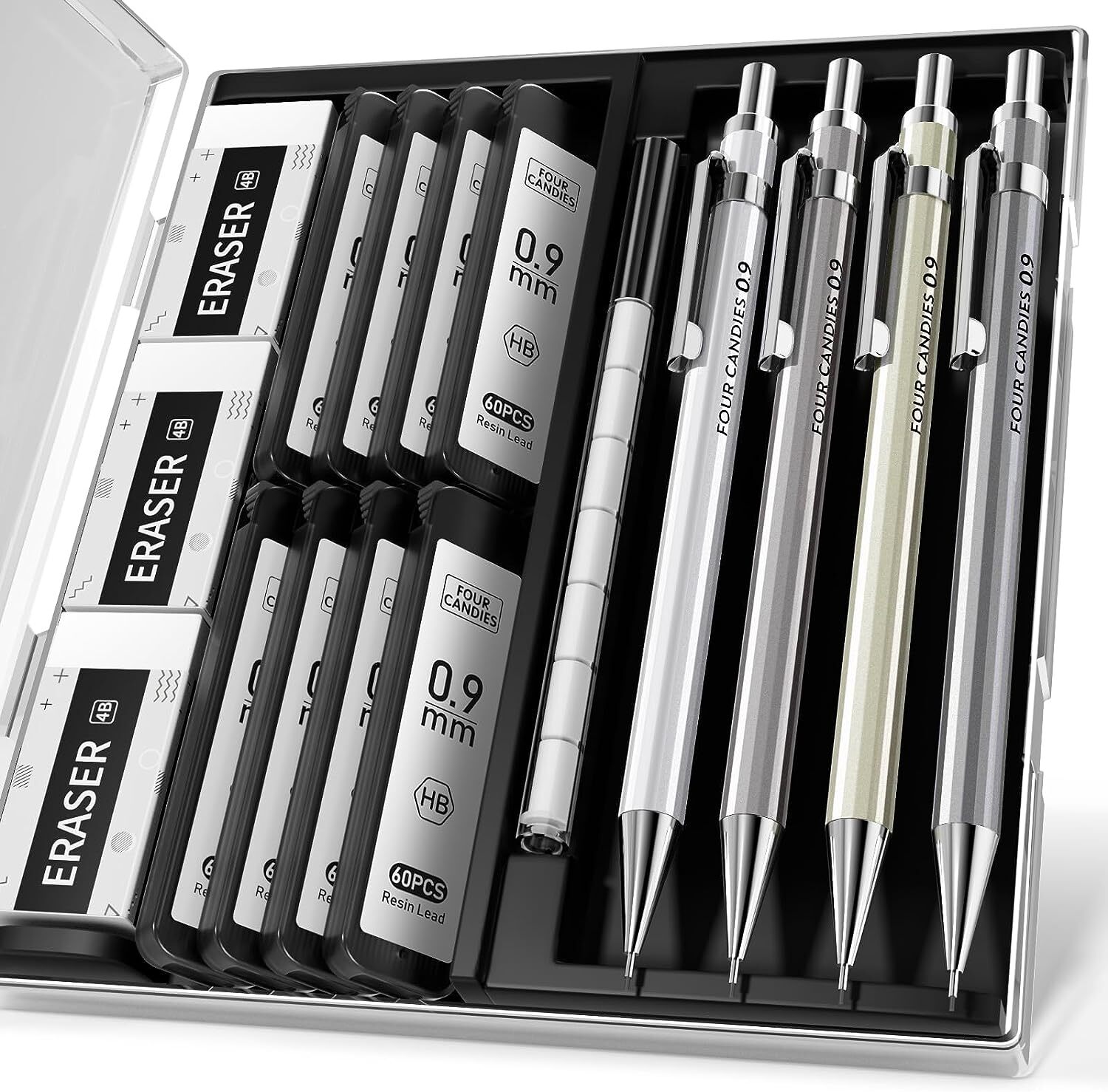 Four Candies 0.9mm Metal Mechanical Pencil Set with Case 4 Count (Pack of 1)