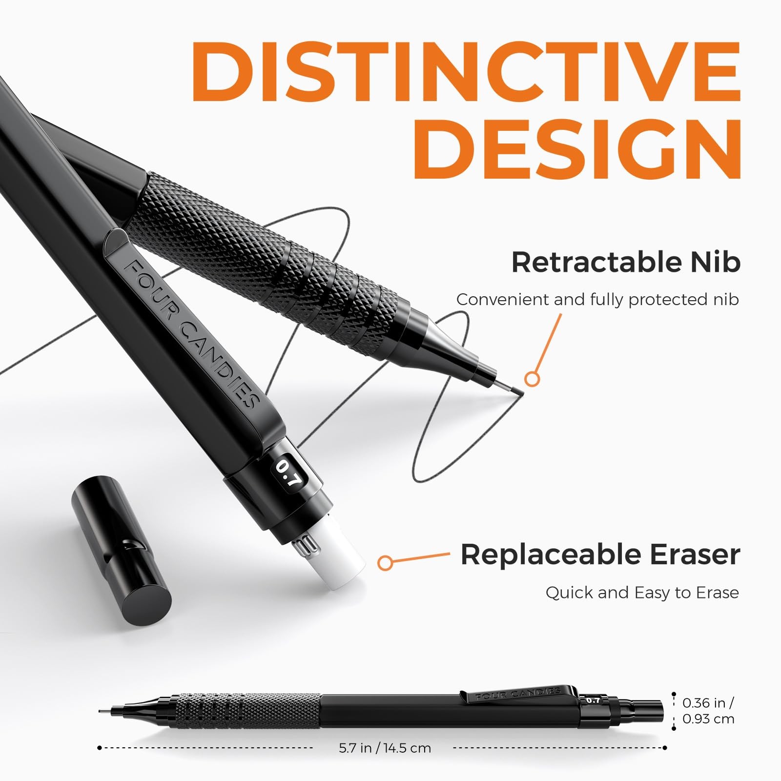4PCS Metal Mechanical Pencil Set, 0.5mm+0.7mm, Storage Case, Black＆Silver