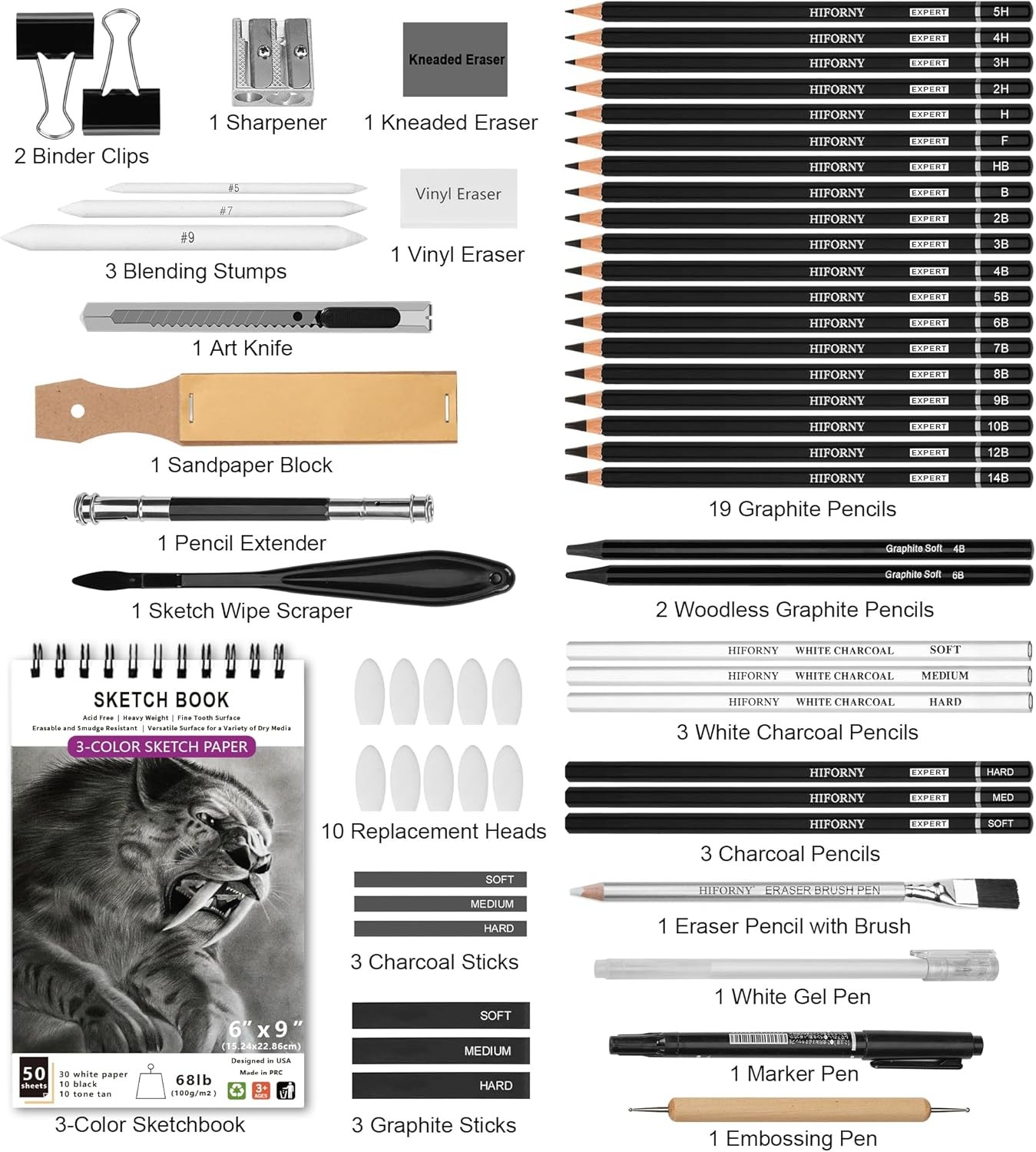 HIFORNY 60 Pcs Drawing Kit Sketching Pencil Set,Sketch Pencils Art Black