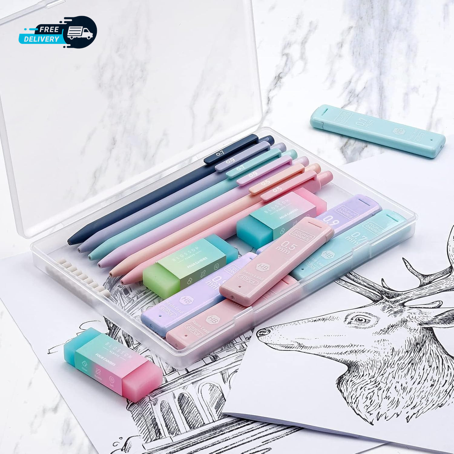 Cute Mechanical Pencil Set 6PCS Pastel Mechanical Pencils 0.5 Mm & 0.7Mm & 0.9Mm
