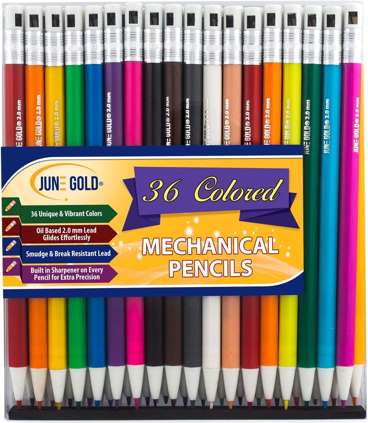 June Gold 36 Assorted Colored 2.0 mm Mechanical Pencils with 36 Unique Color Lea