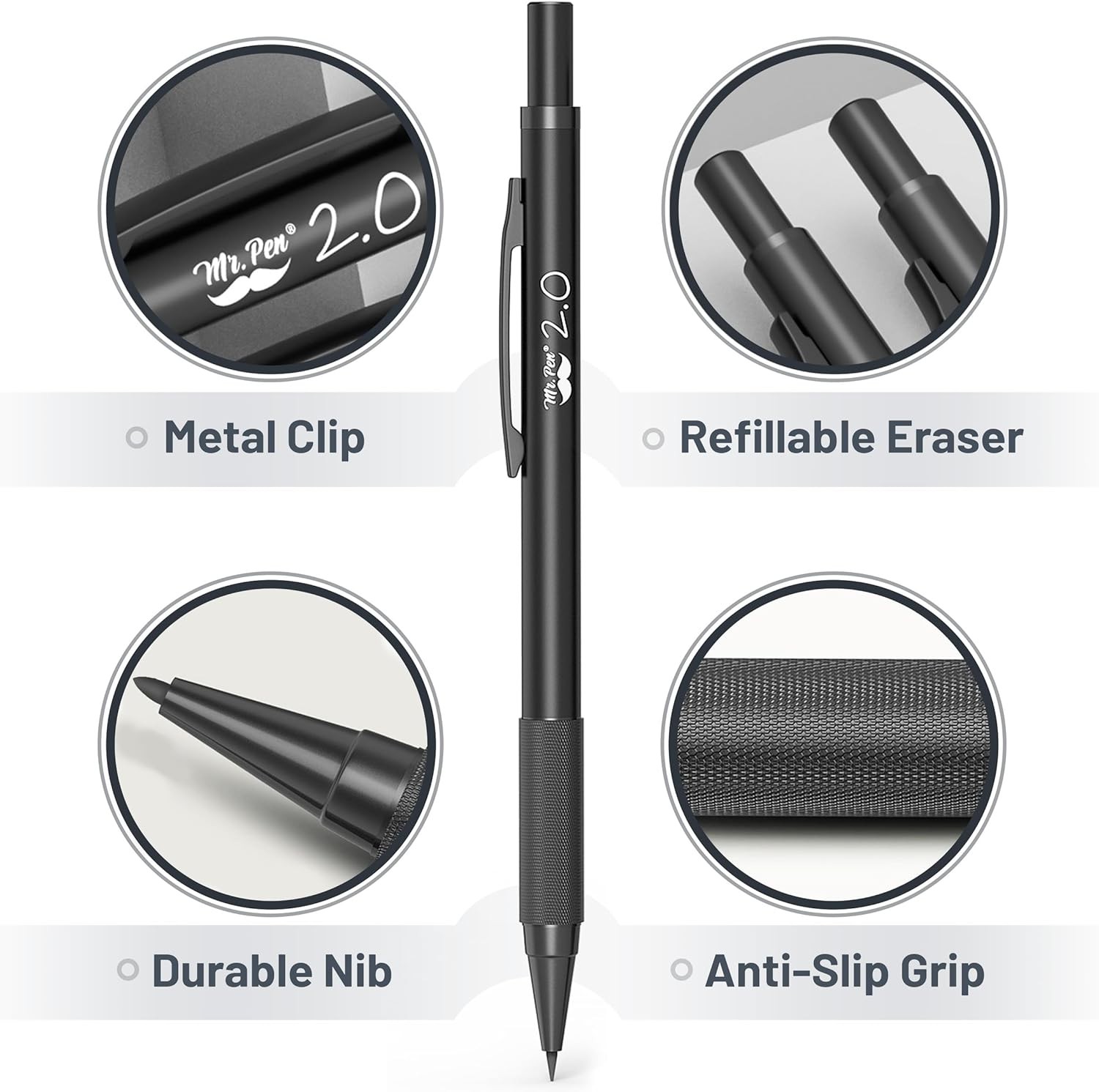 Mr. Pen- Metal Mechanical Pencil Set with Lead and Eraser Refills, 5 Sizes, Blac