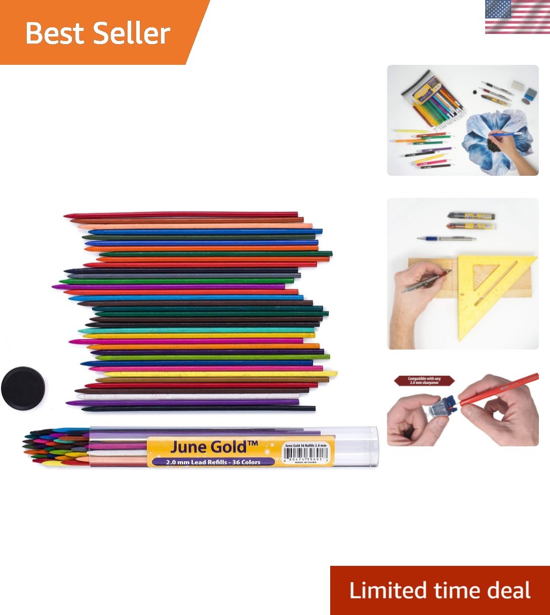 36 Assorted Colored 2.0 mm Lead Refills, Bold & 90 mm Length, 36 Unique Color…