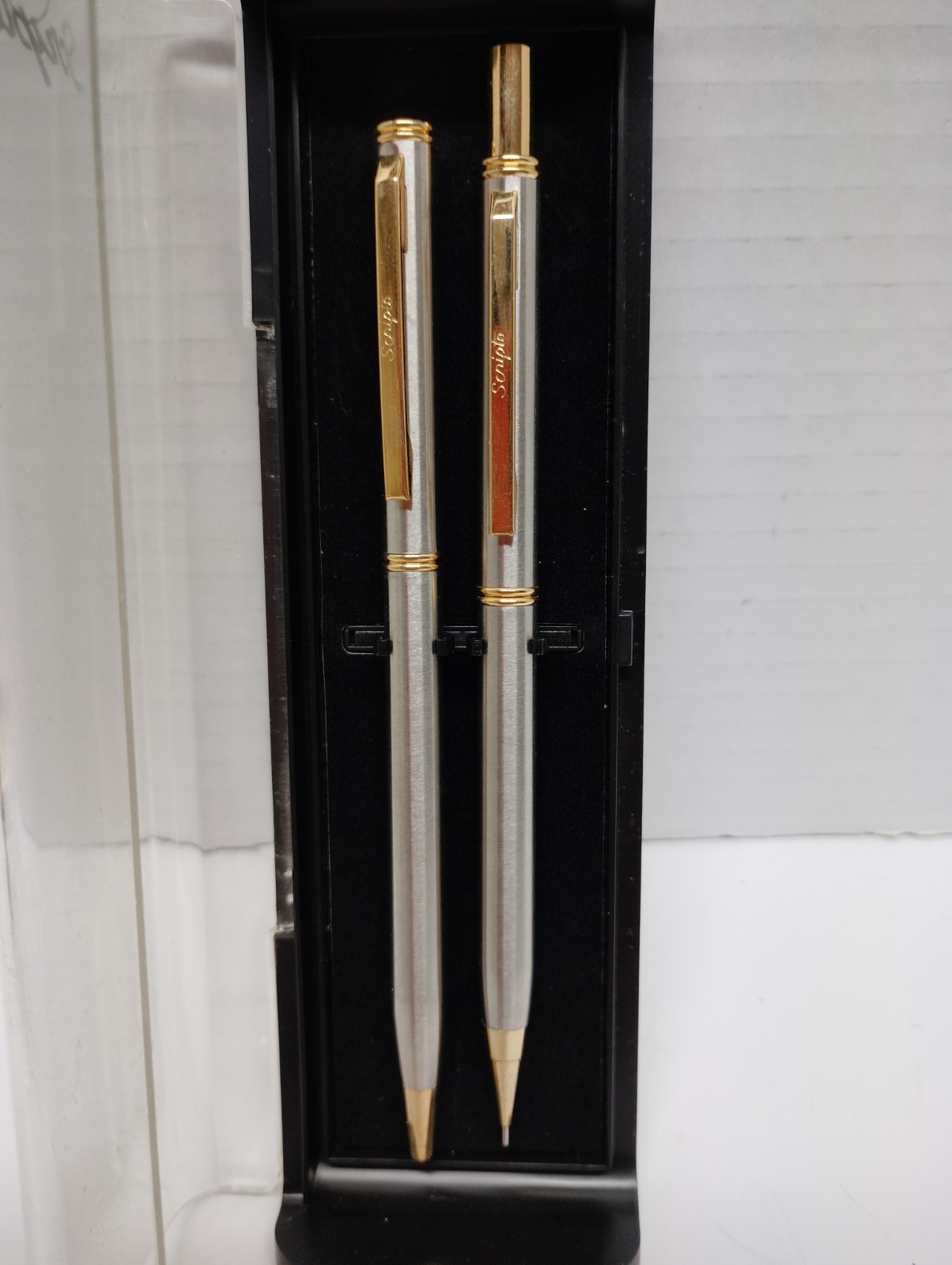 Vintage Scripto Mechanical Pencil and Pen Gun Metal and Gold Set With Case
